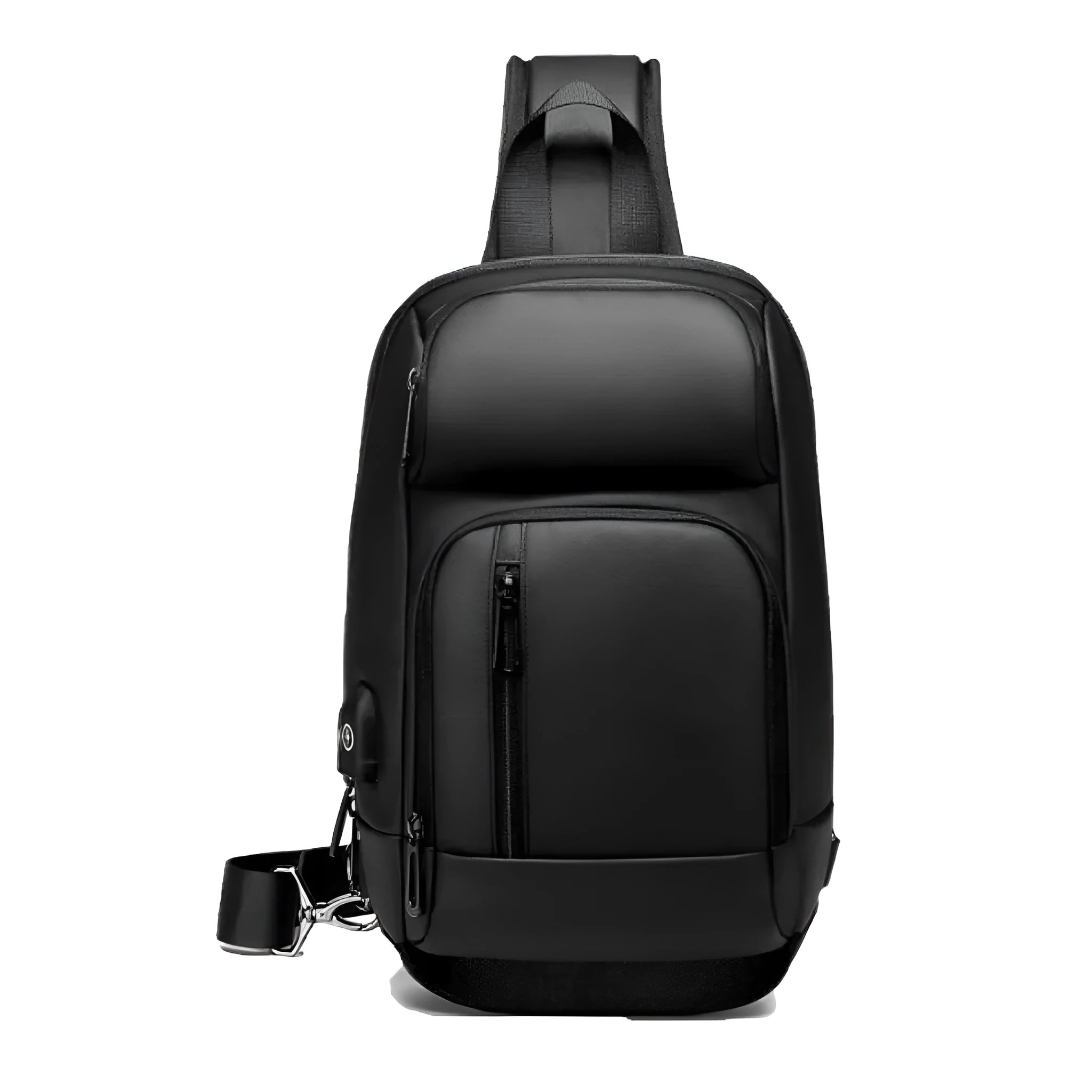 Black PVC outdoor shoulder bag showing medium size, shoulder strap, and internal pocket organisation