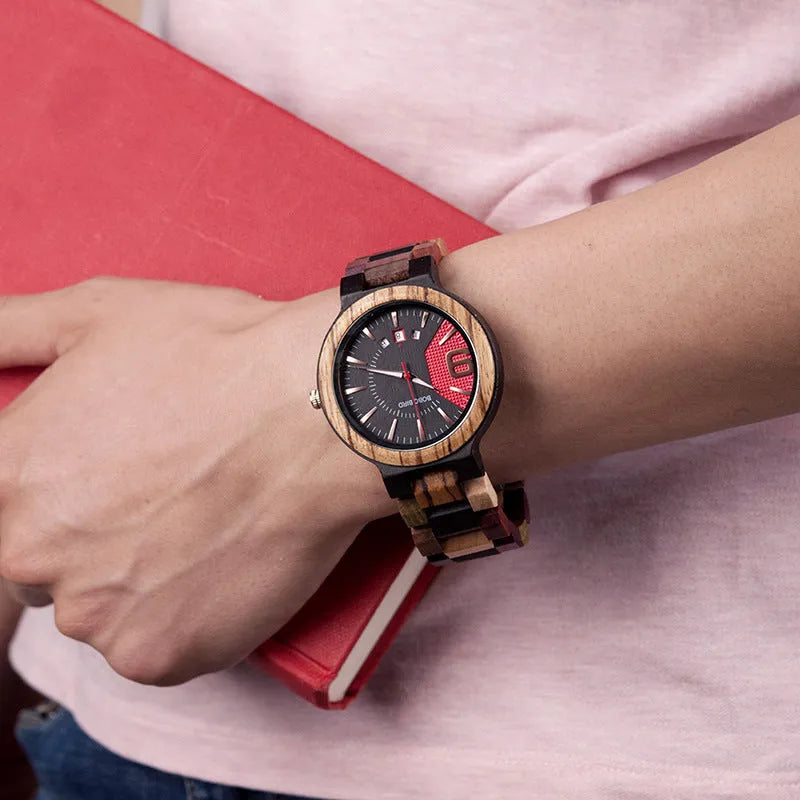 BOBO BIRD Q13 men's wooden watch black red natural wood case 44mm