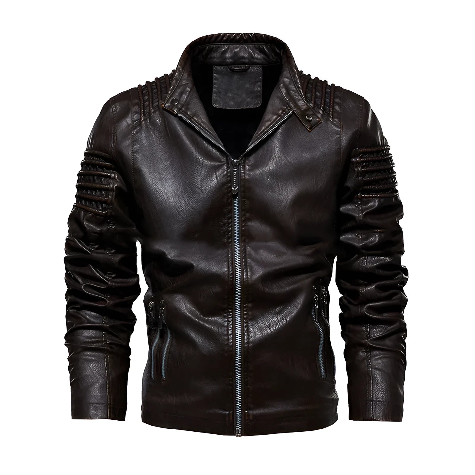 Men's PU leather biker jacket with stand collar, zipper front, and zipper pockets in black