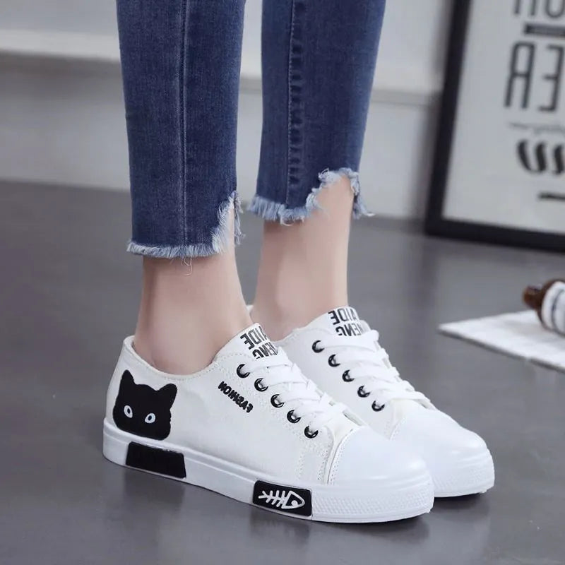 Pink cat fish canvas shoes for women, lace-up flat style with cotton upper
