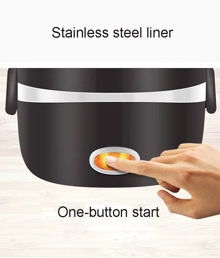 USB-powered electric lunch box showing two-layer and three-layer food container options