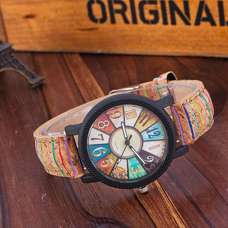 Women's vintage casual quartz watch with brown leather strap and 37mm round dial