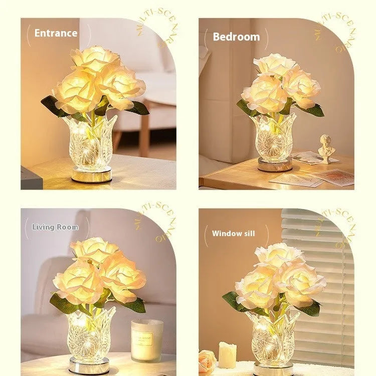 Modern crystal flower design bedside lamp with touch dimming control on a wooden table.