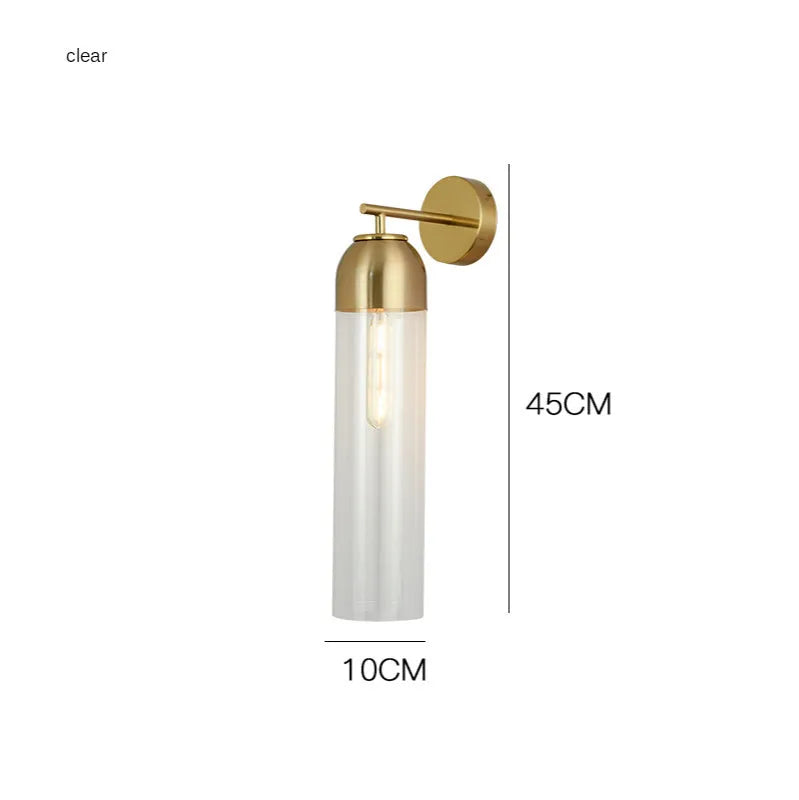 Modern minimalist glass wall lamp with an E27 holder in a choice of light colours on a living room wall.
