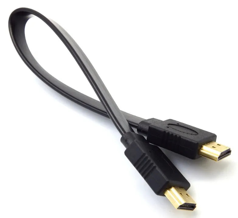 Flat black HDMI cable with male connectors on a white background.