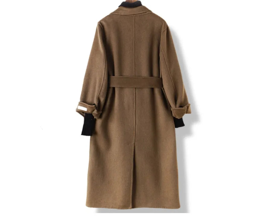 Men's tailored slim fit wool overcoat with a long suit collar in black or caramel colour.