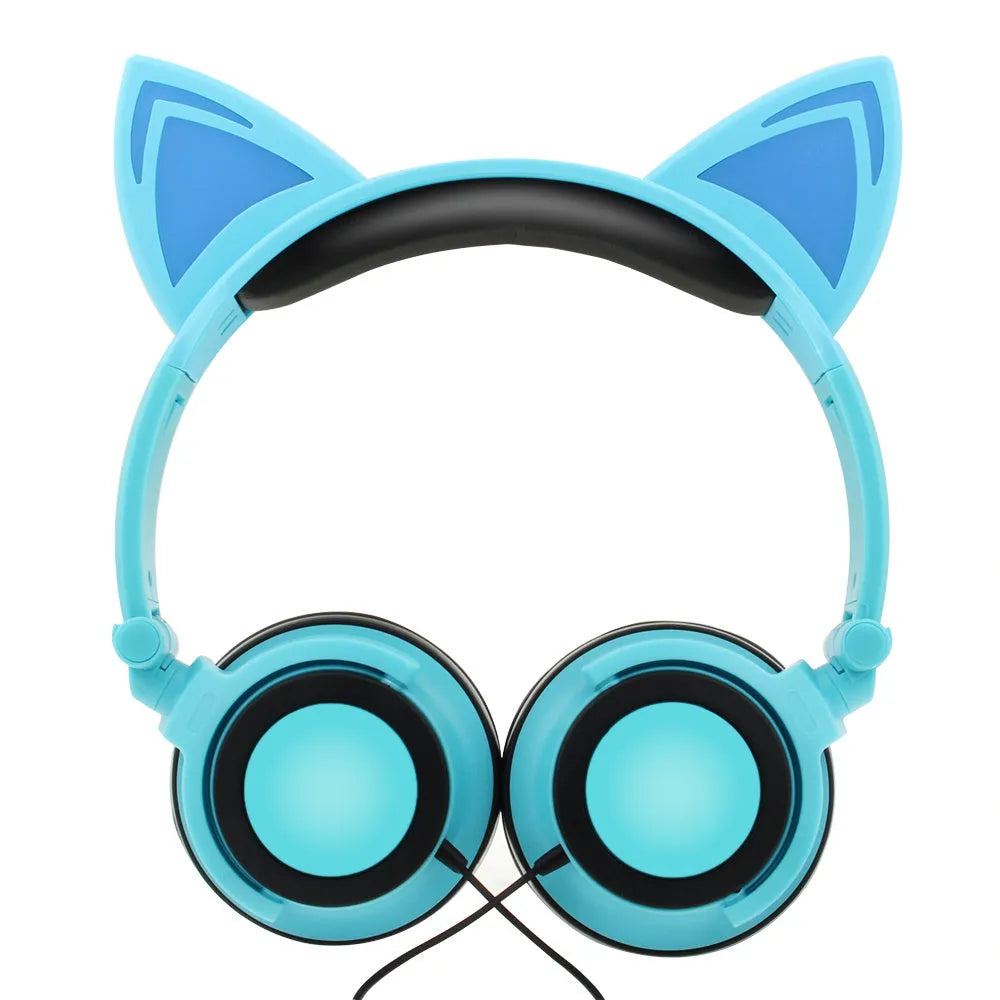 Black cat ear headphones with illuminated blue LED lights on the ears and ear cushions.