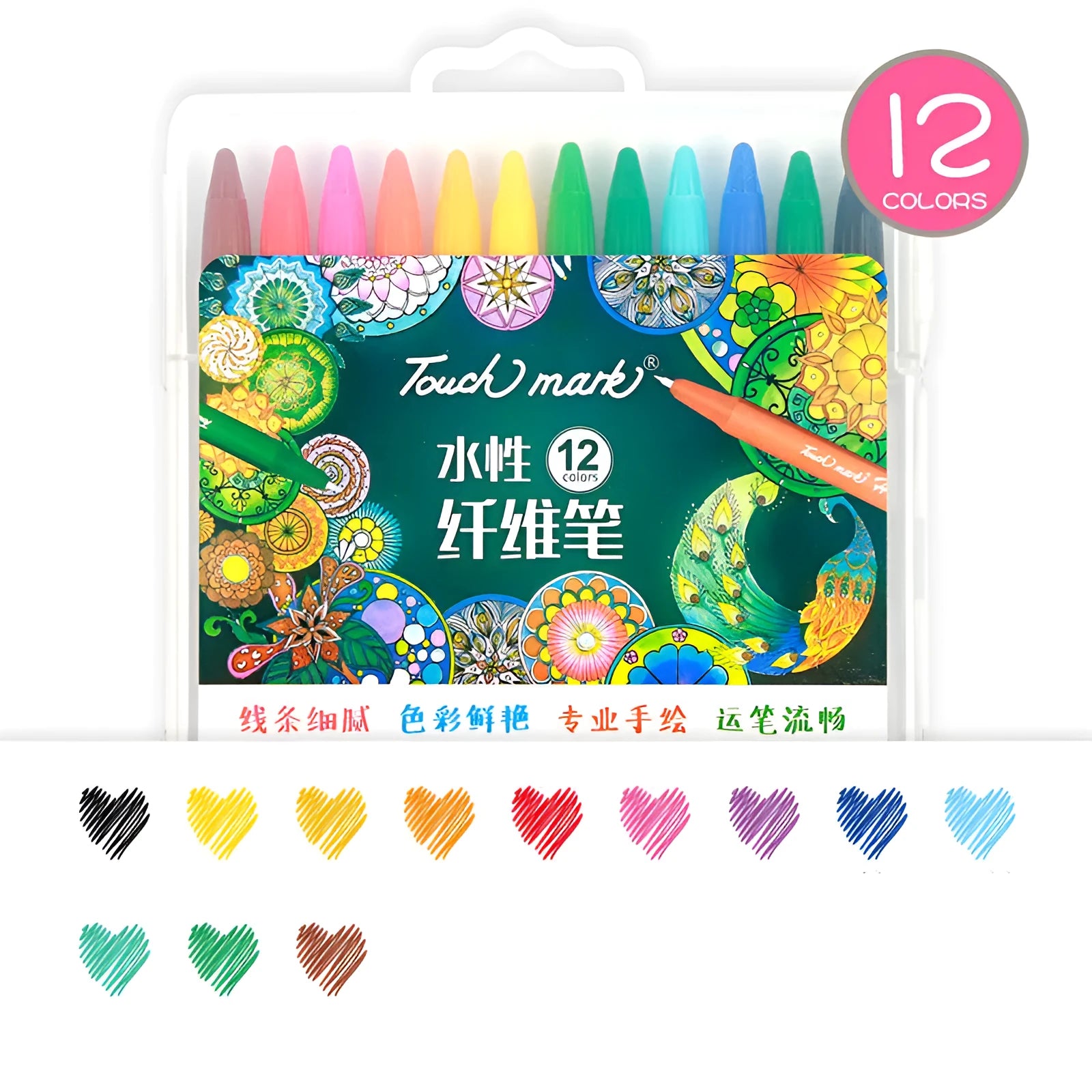 Touch Mark water-based fibre pens in assorted colours with cap closure, PVC barrel, for drawing and hand-account writing