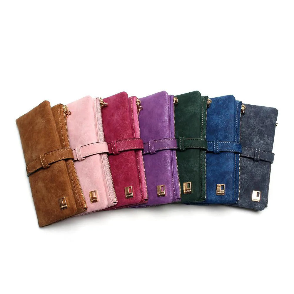 TAUREN retro matte leather women's long wallet open showing card slots and zip closure