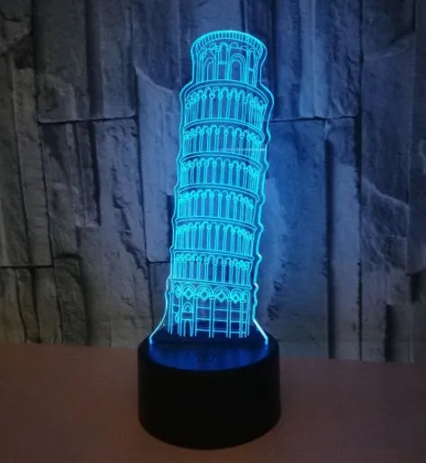Leaning Tower of Pisa 3D acrylic LED nightlight showing multicolour illumination on black base