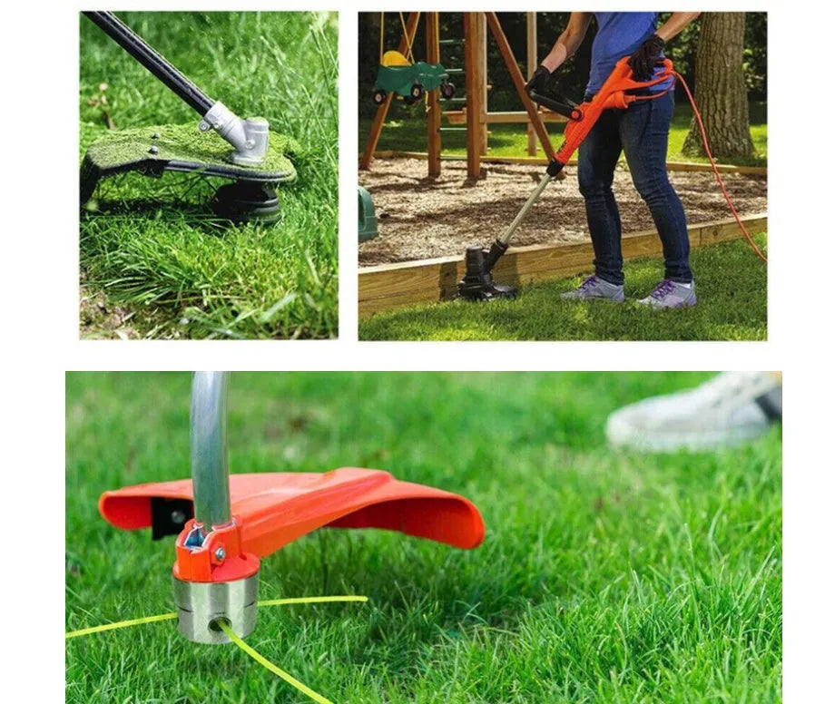 Silver aluminium grass trimmer head with four light yellow square strings for lawn mower accessories