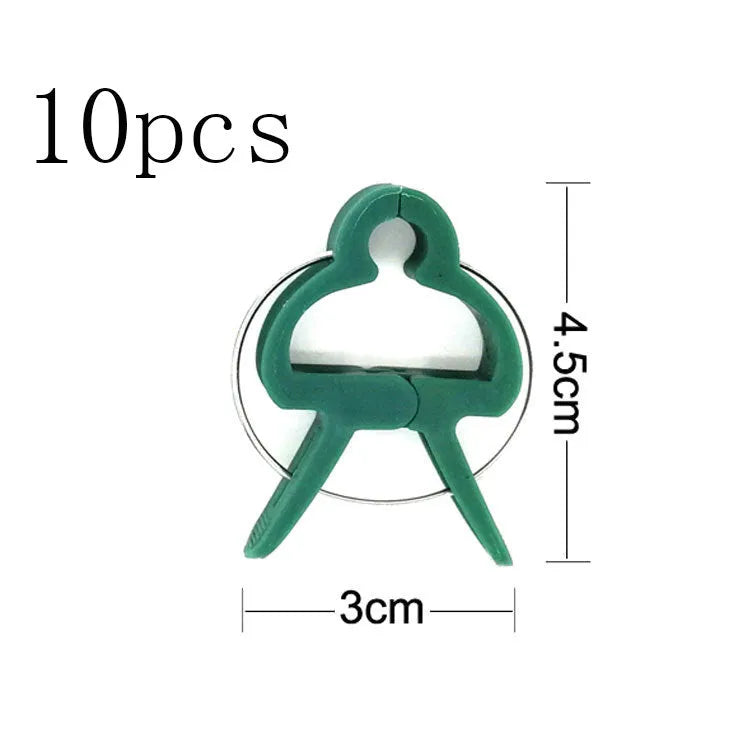 Green plastic and zinc plant fixing clips for supporting climbing beans and tomatoes.