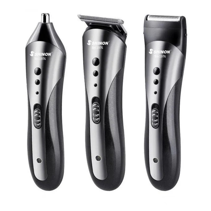 Three-in-one rechargeable men's grooming suit in compact case with attachments