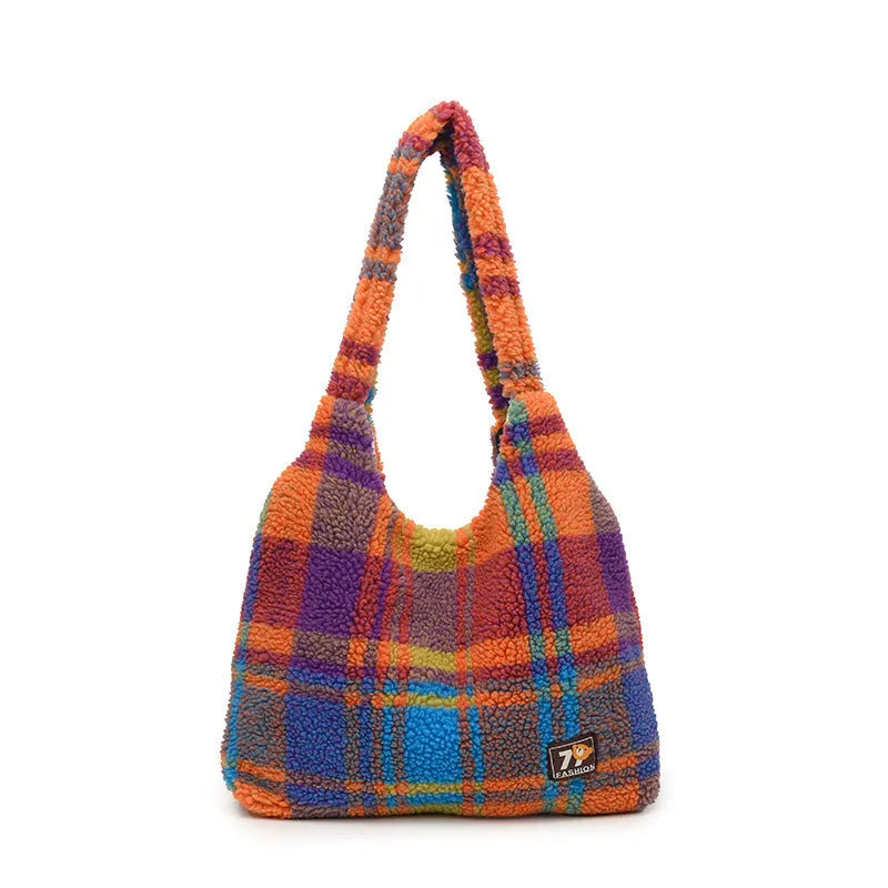 Women's plaid pattern crossbody tote bag in soft plush material with 40x44x9cm dimensions