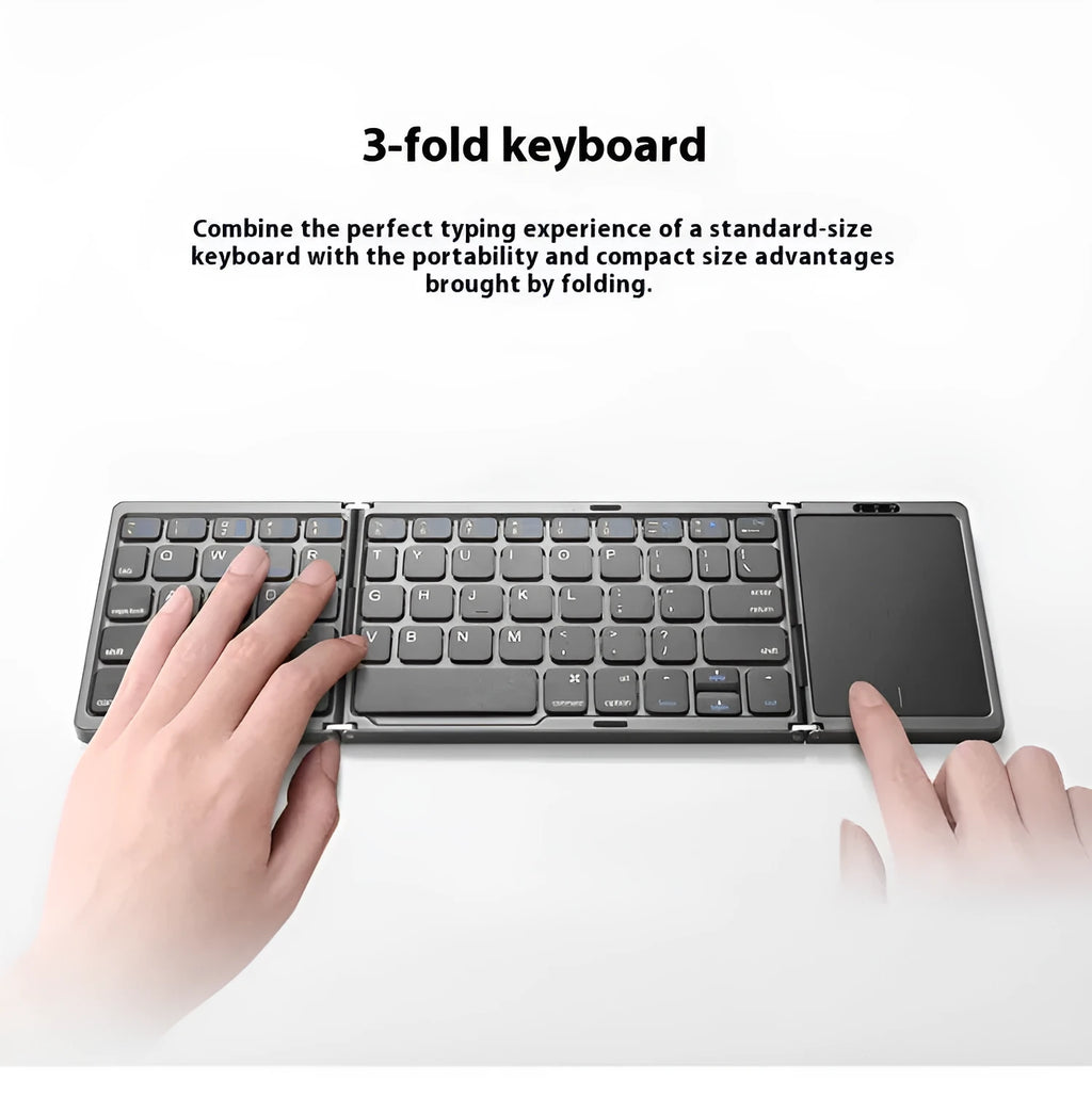 Three folding wireless Bluetooth keyboard with touch pad in black, 30.4 cm wide, folded position