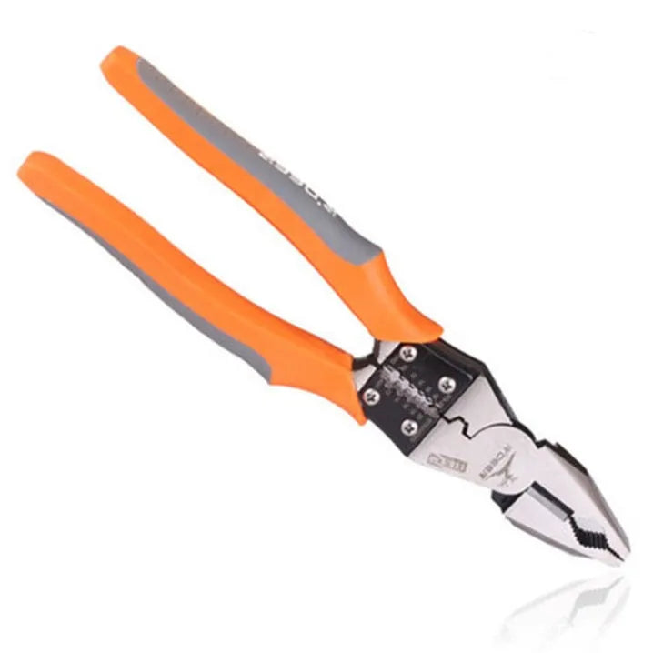 Orange handled multi-function wire cutter pliers with forged steel jaws on a workbench.