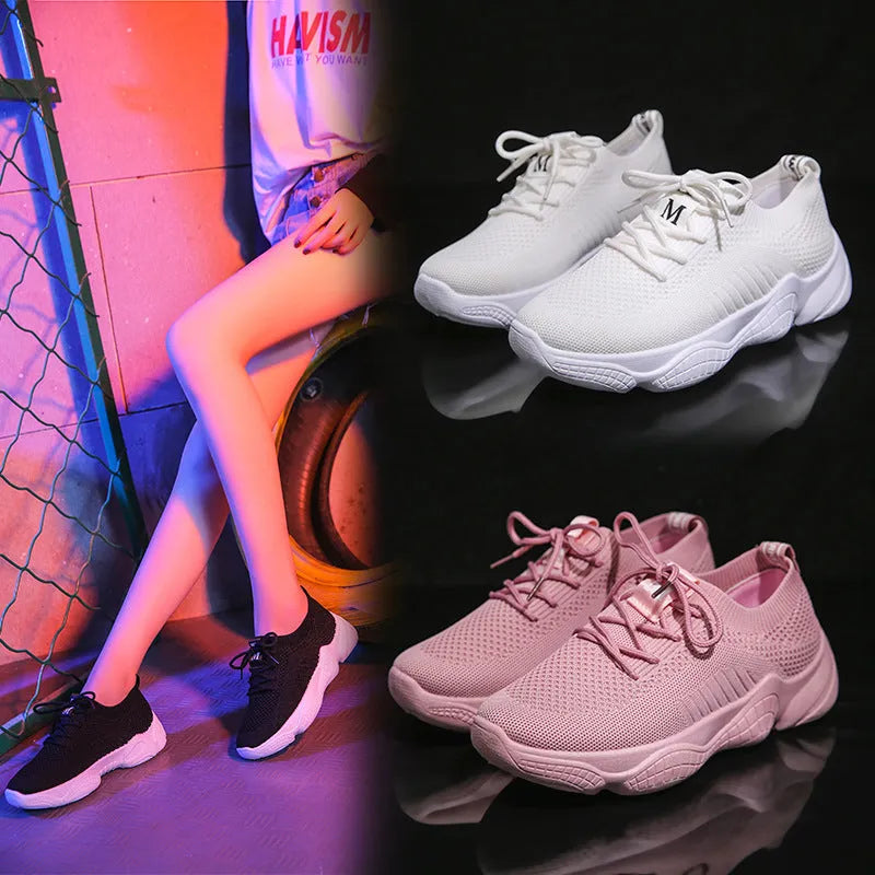 Women's white casual sports shoes with woven upper and thick rubber sole
