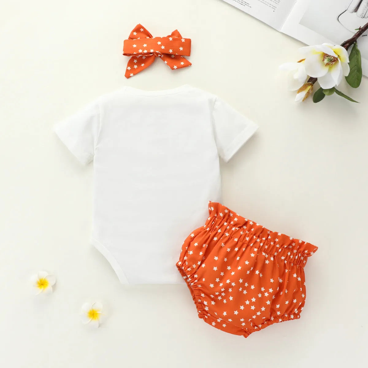 Girls' cotton rainbow romper three-piece set in beige with top, shorts, and cap, short sleeves and shorts length