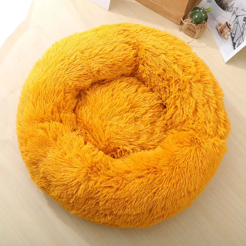 Round PV plush pet bed with raised rim in khaki colour for dogs and cats