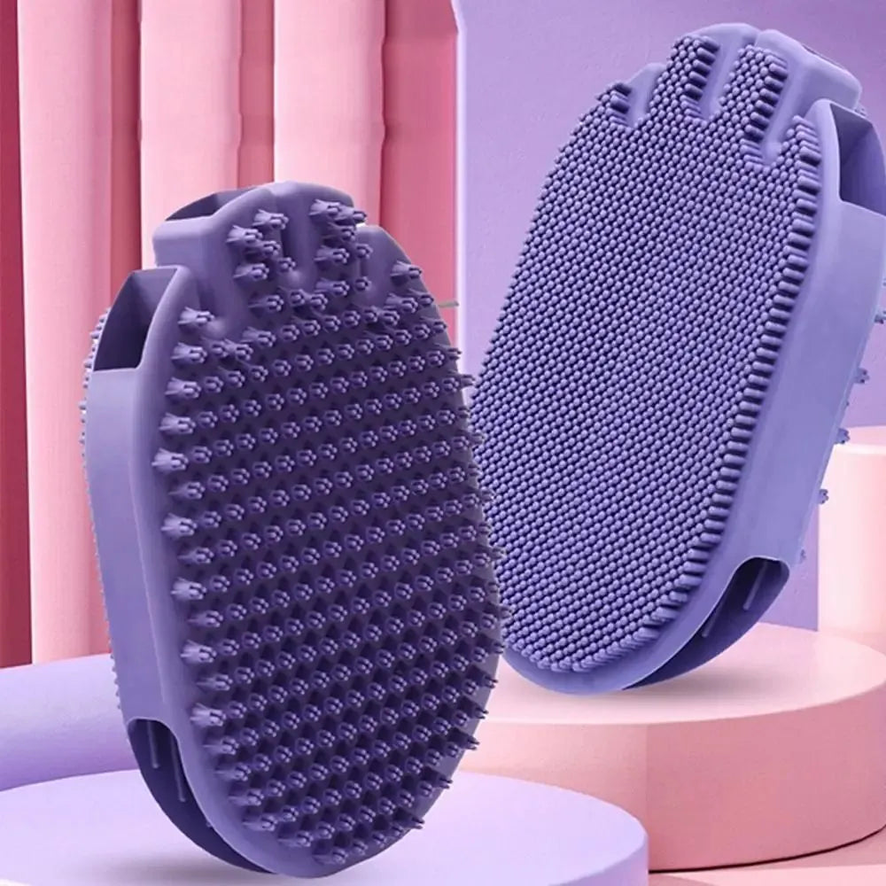 Purple soft TPR dual-sided pet massage brush for dog grooming and shampooing with ergonomic handle