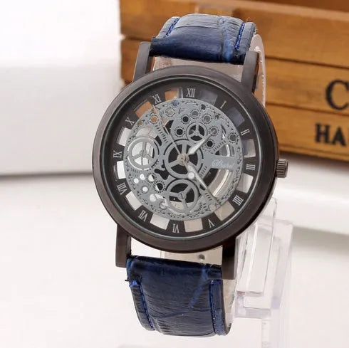 Round 40mm stainless steel fashion hollow belt quartz watch with black leather strap and buckle closure
