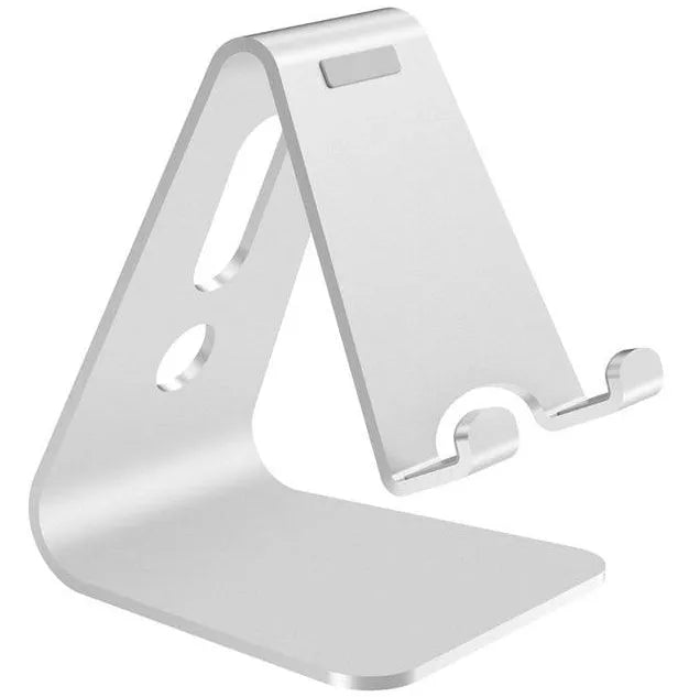 Metal aluminium alloy phone stand holding a mobile phone, available in black, red, rose gold, and silver colours