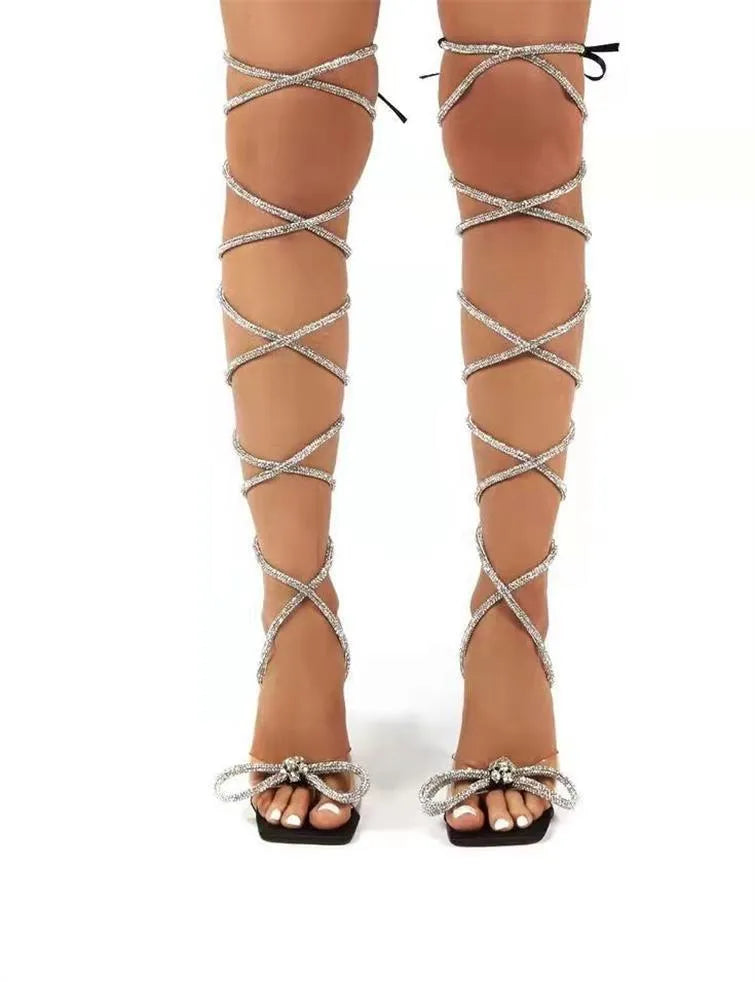 Plus size women's strappy sandals with rhinestone straps and square toe in three colour options