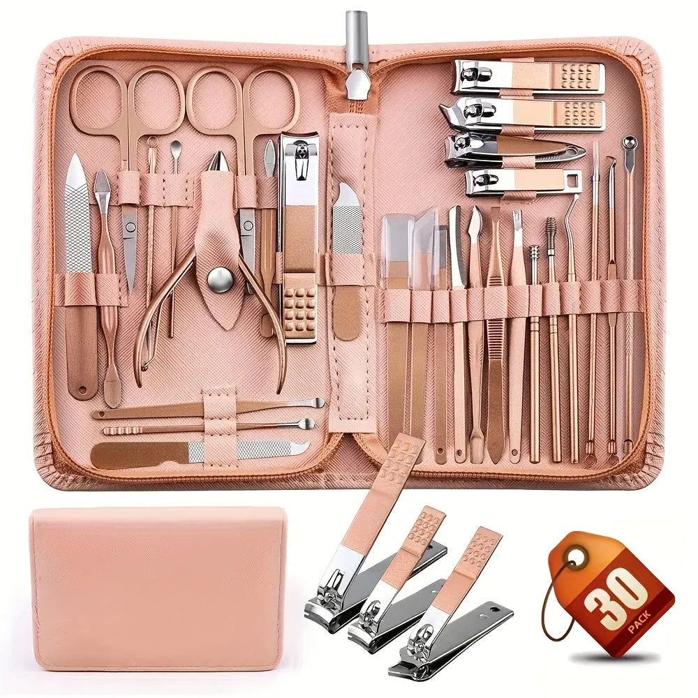 30-piece stainless steel nail clipper tool set in Rose Gold colour with pliers and assorted grooming tools