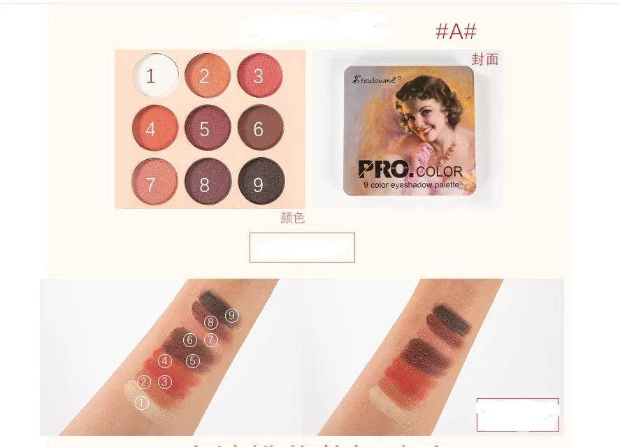 Matte makeup eyeshadow palette in style B with 9 colours, closed compact case showing EVA packaging