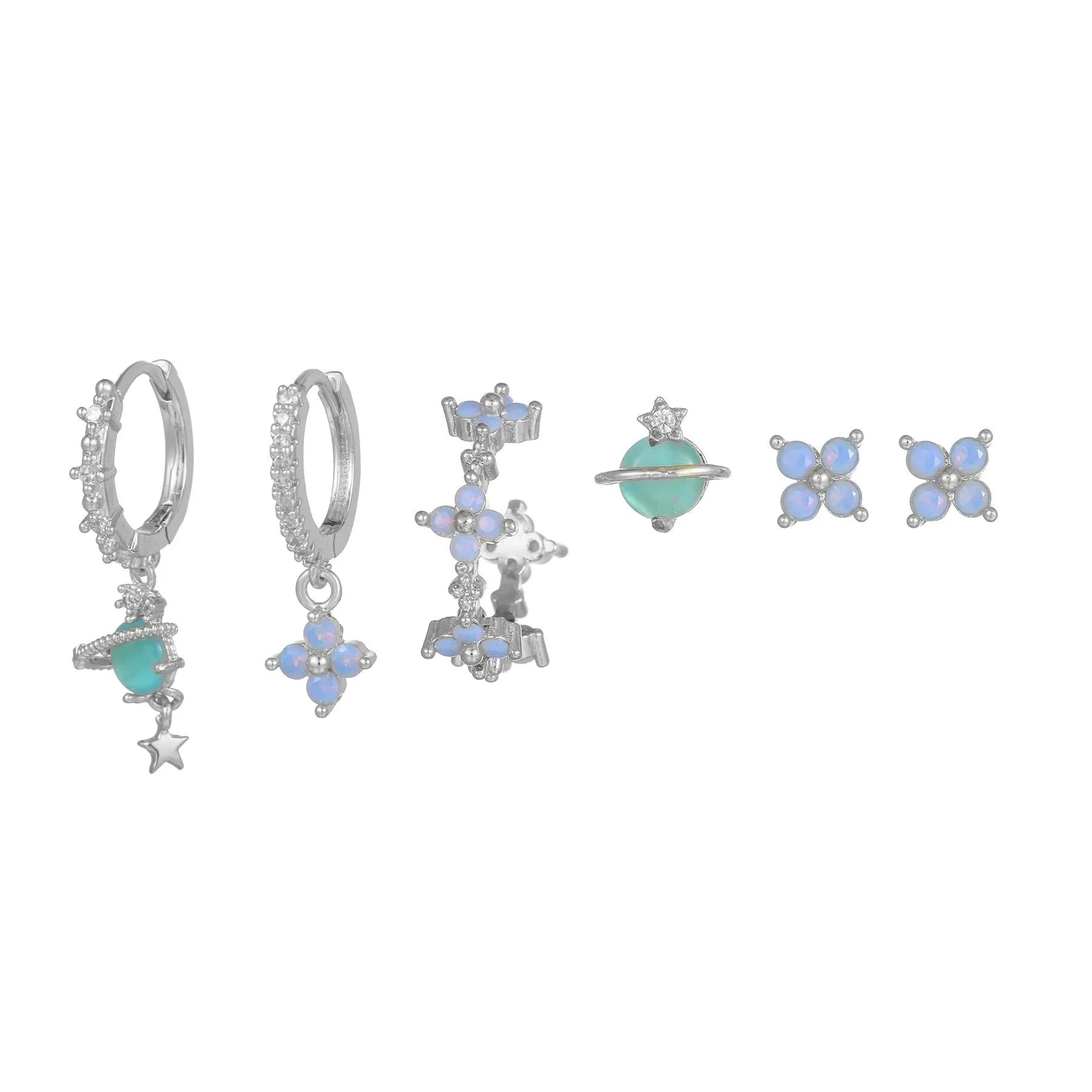 Flower-shaped stud earrings with zircon crystal centres in gold and silver colour options