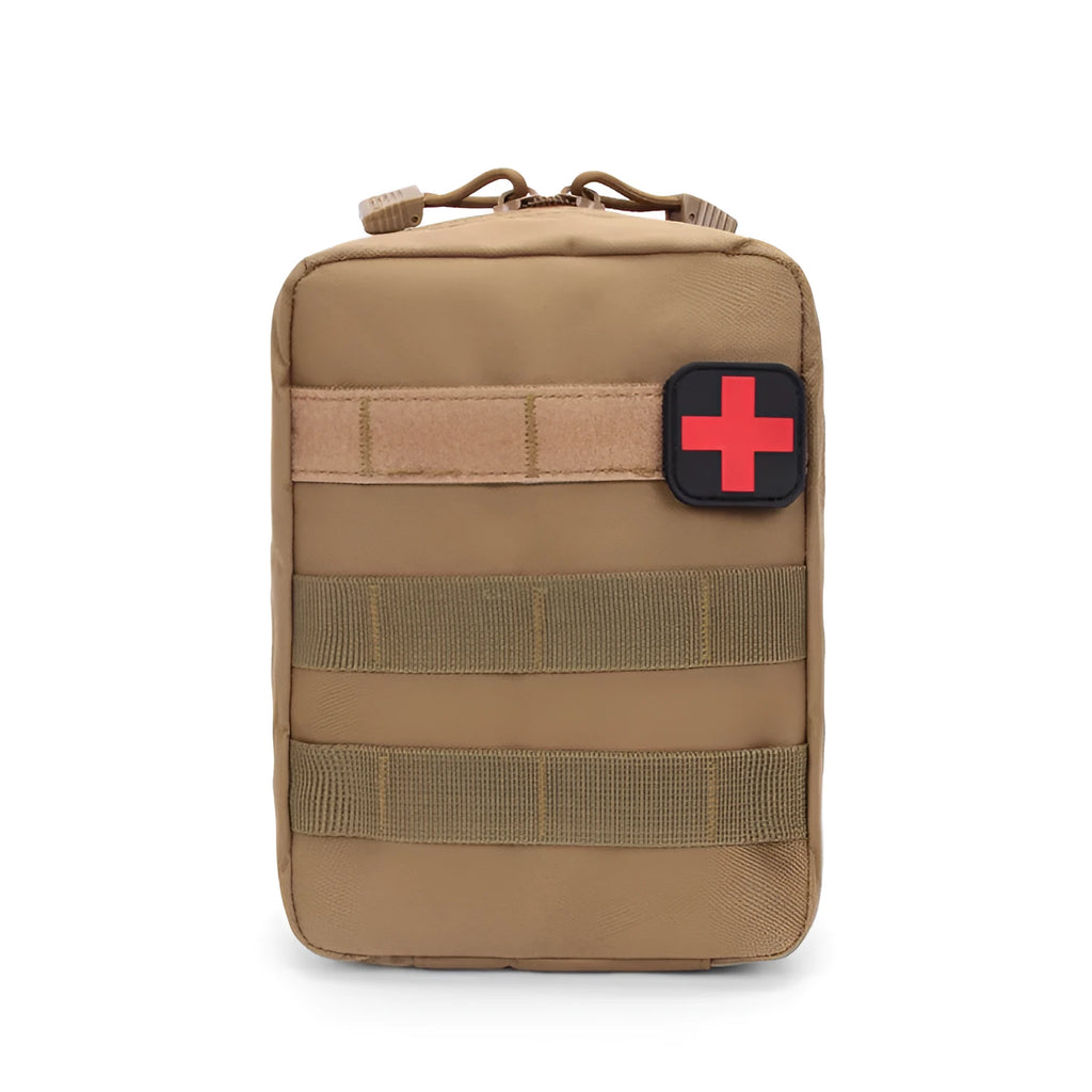 Army green nylon tactical medical accessory pouch with hook-and-loop fastening, shown next to a tape measure.