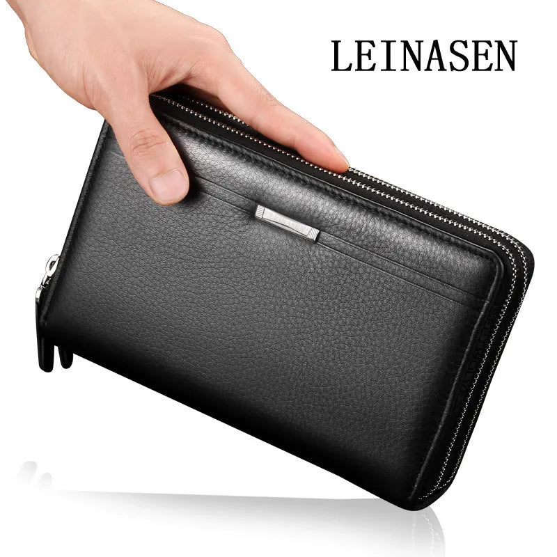 Genuine leather bifold man wallet in black, 21x12x4cm, with RFID blocking and card slots