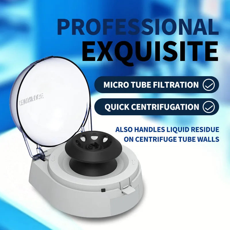 Compact laboratory mini centrifuge measuring 157x170x120mm with 7000 RPM maximum speed