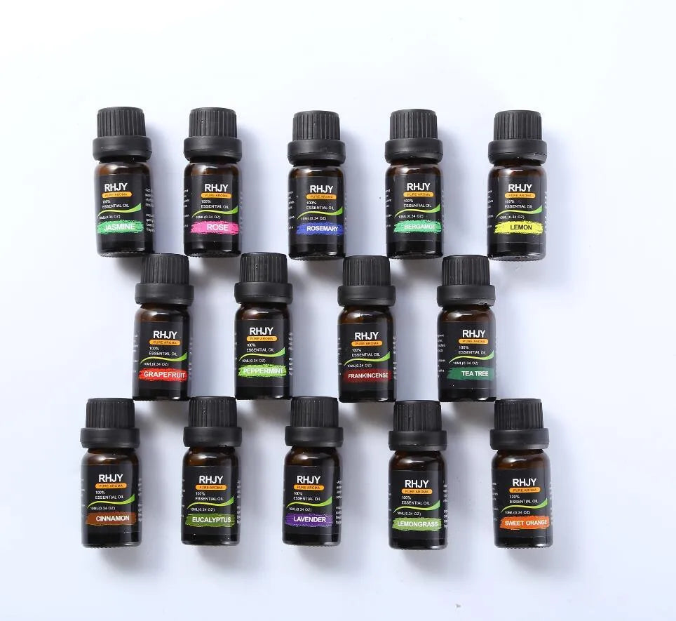 Aromatherapy essential oil set of 14 bottles, 10ml each, 100% purity, with labels for different scents