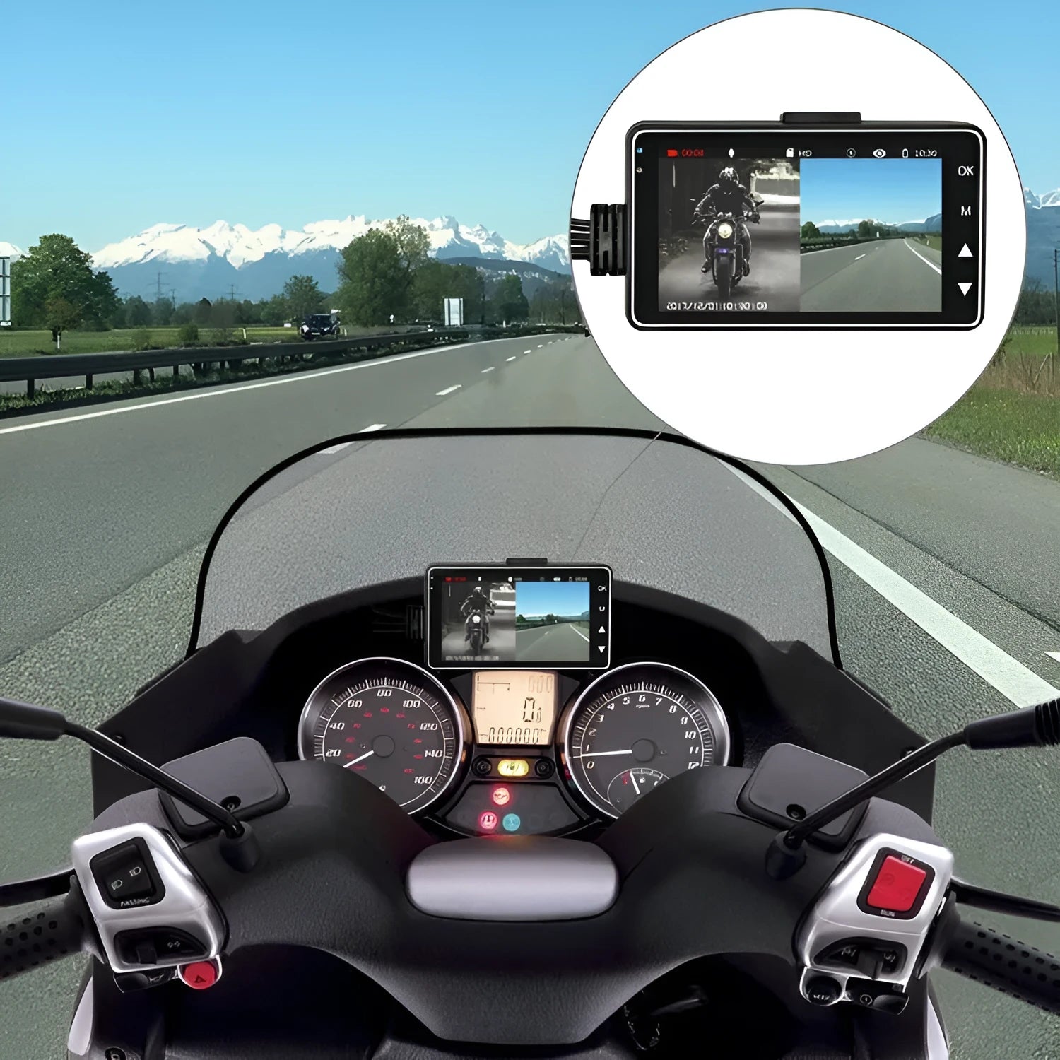 Black motorcycle dash cam with dual lenses and 3-inch screen mounted on handlebars