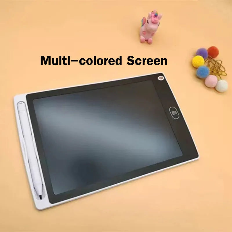 Electronic drawing board with 8.5-inch LCD screen in black, showing a drawn flower with a yellow stylus beside it