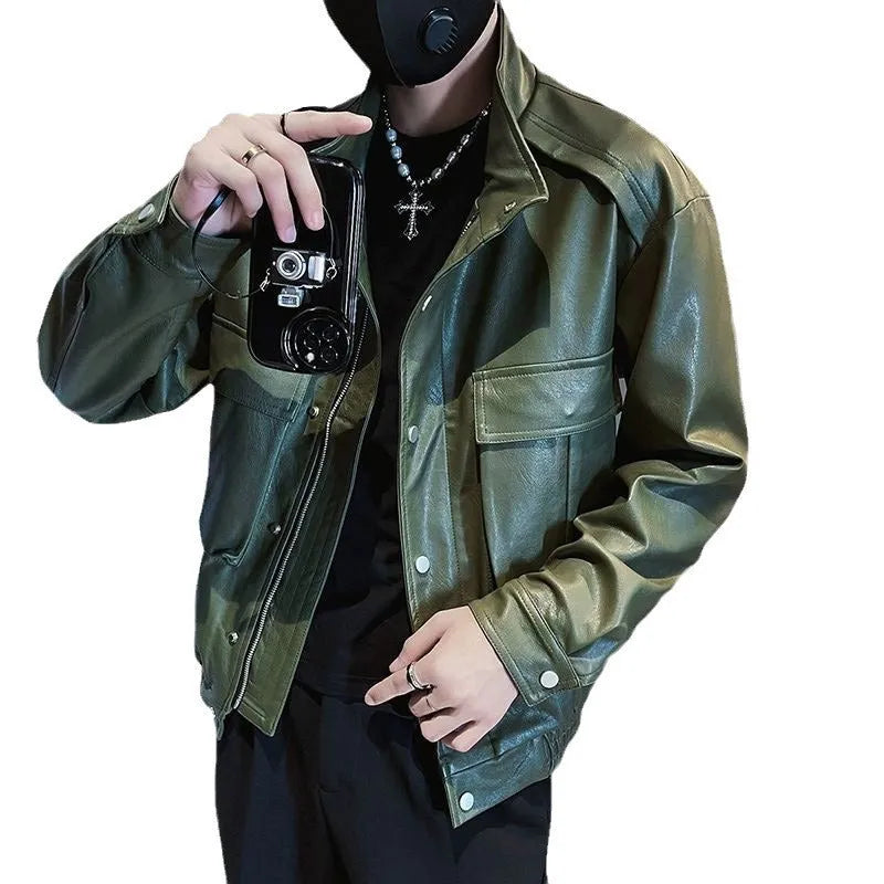 Men's black PU leather Korean-style pilot jacket with straight hem and side pockets.
