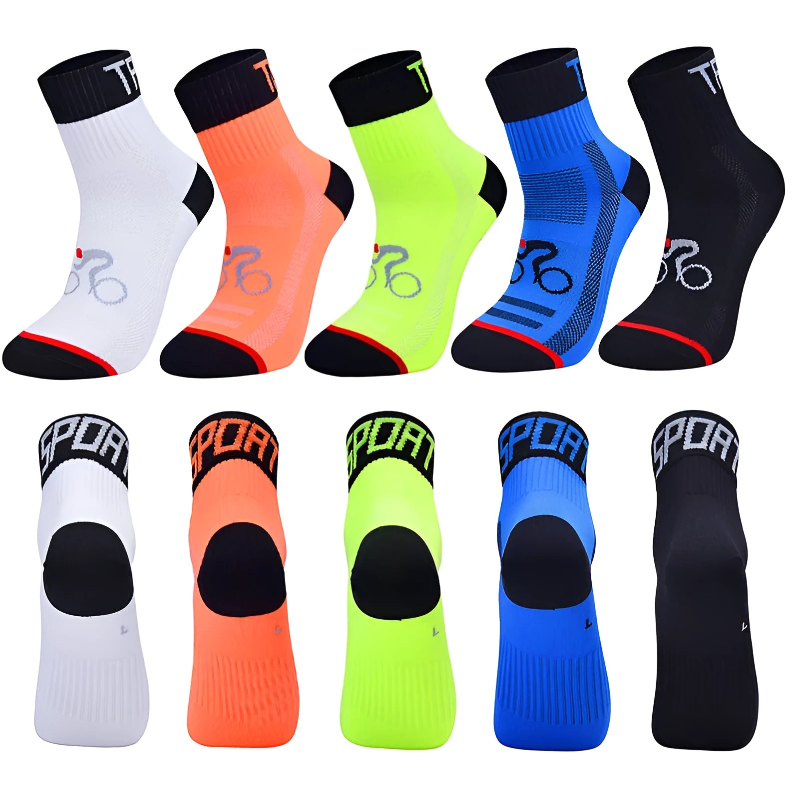Set of professional outdoor nylon cycling and running socks in black, blue, green, orange and white colours, available in sizes M to XL