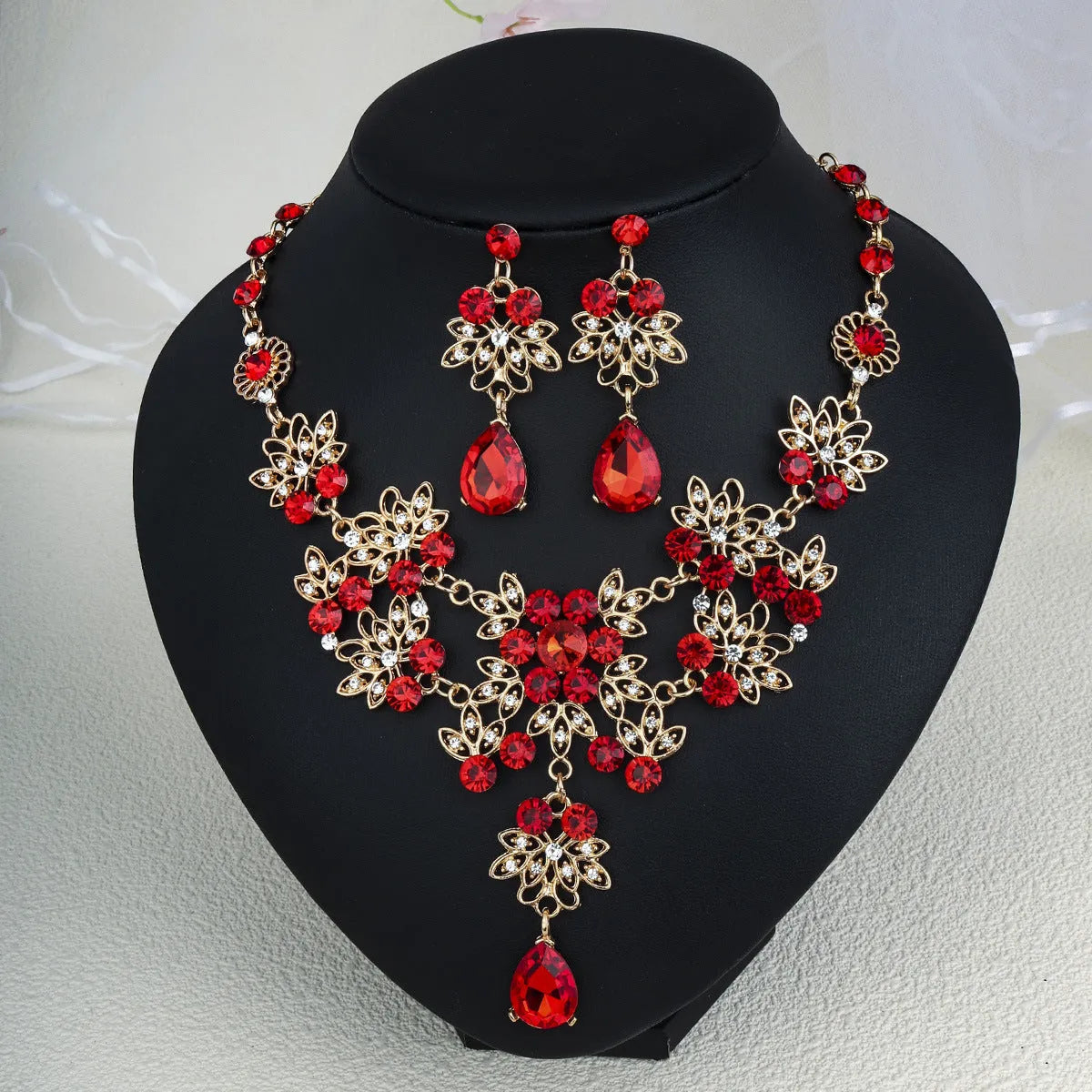 Rhinestone pearl earrings and necklace set for women wedding jewellery in silver gold AB blue green red champagne purple