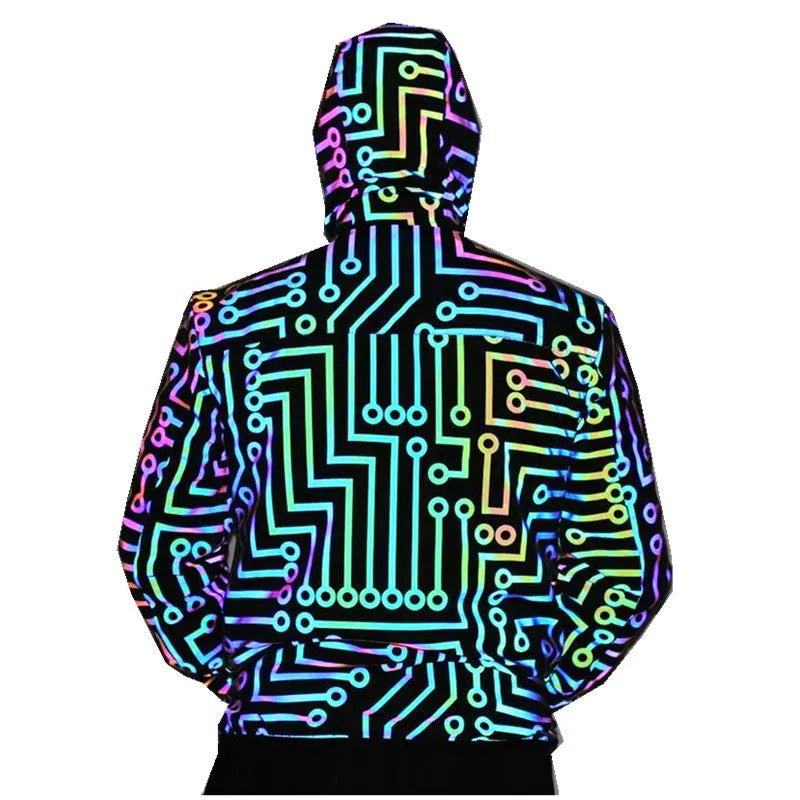 Unisex black reflective hooded jacket with straight hem, 95% polyester, available in sizes M to 3XL for dance