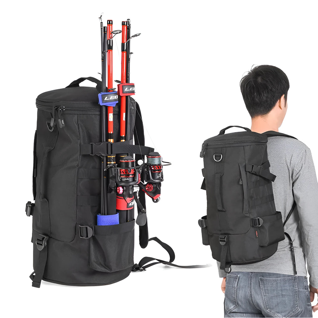 Cylinder fishing tackle backpack black polyester fabric 23L capacity 45x26x26cm