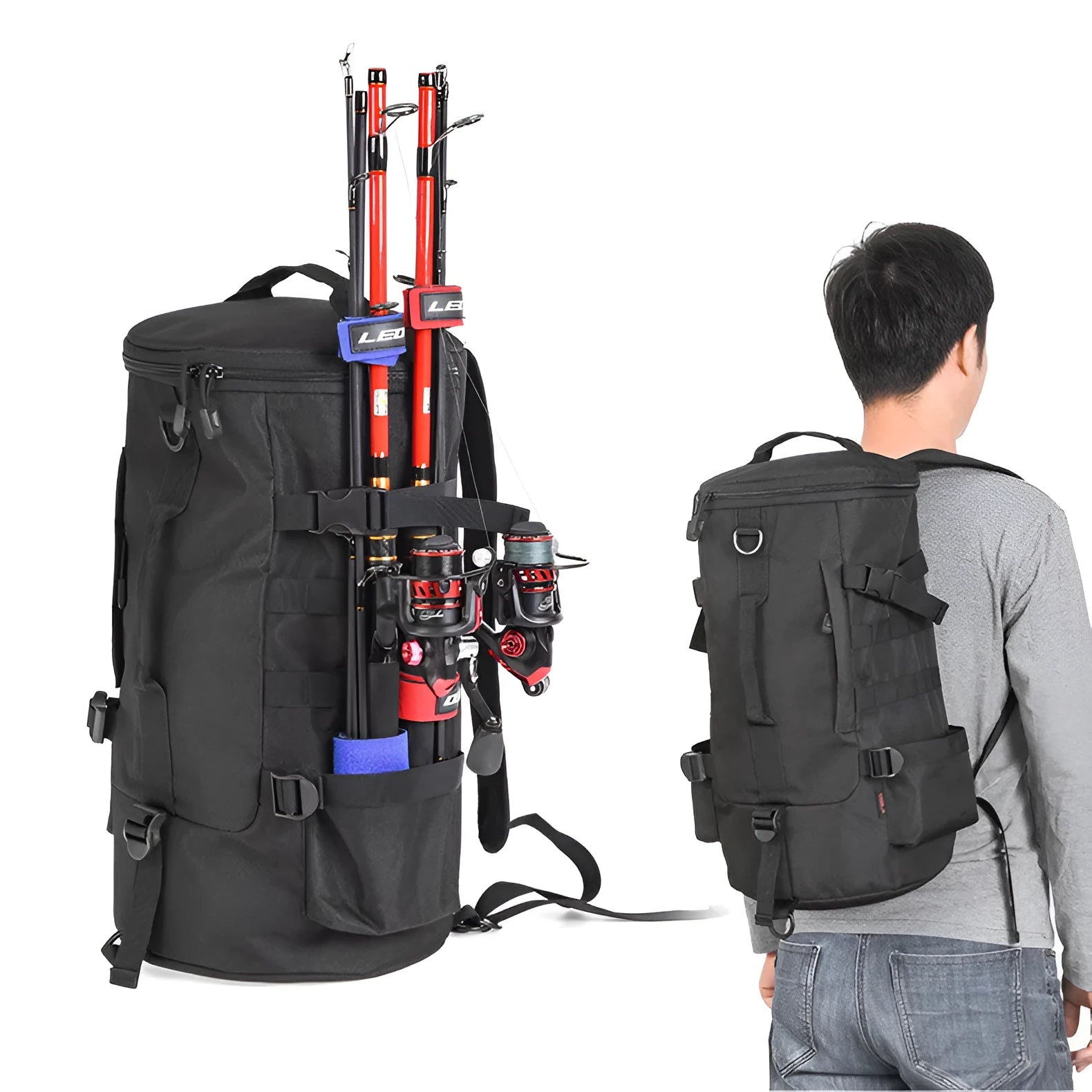 Cylinder fishing tackle backpack black polyester fabric 23L capacity 45x26x26cm