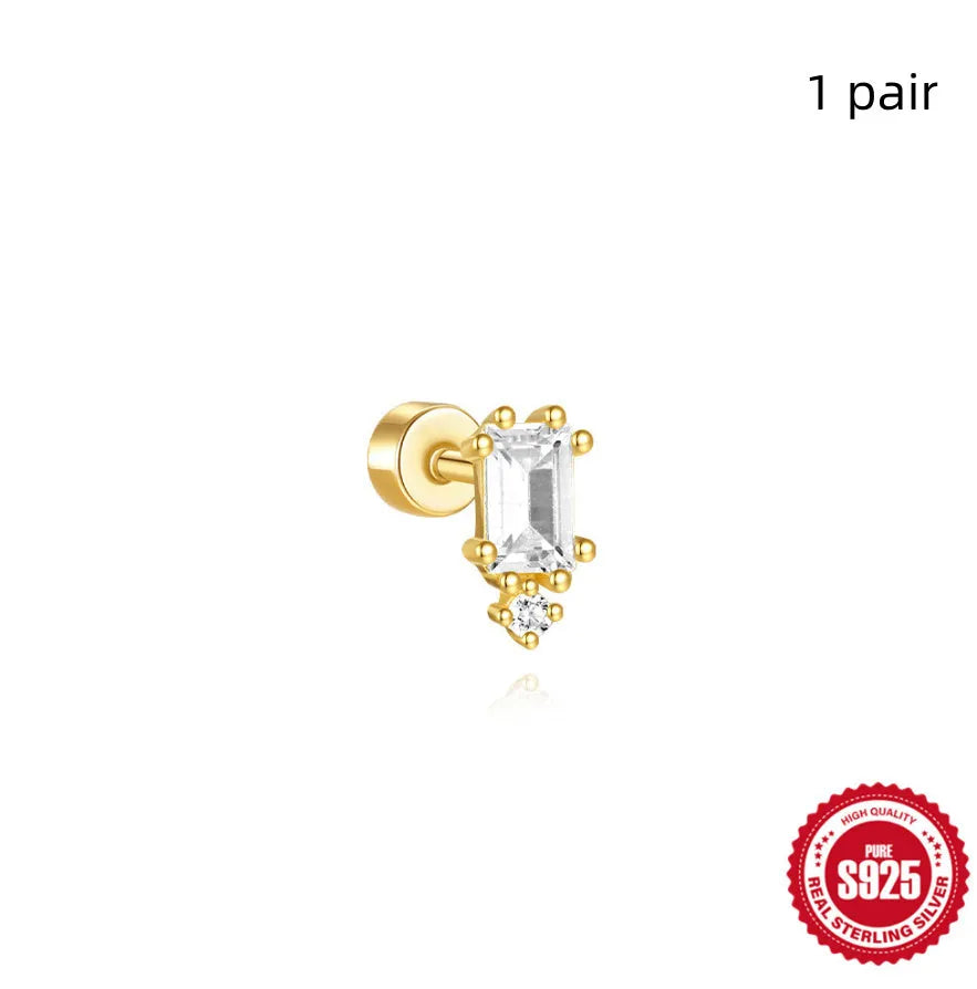 S925 sterling silver geometric flat column thread ear bone studs in gold plating.
