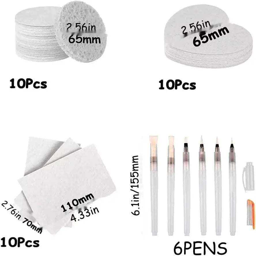 Wood pulp paper painting sponge art set with heart, round, and square shapes plus fountain pens
