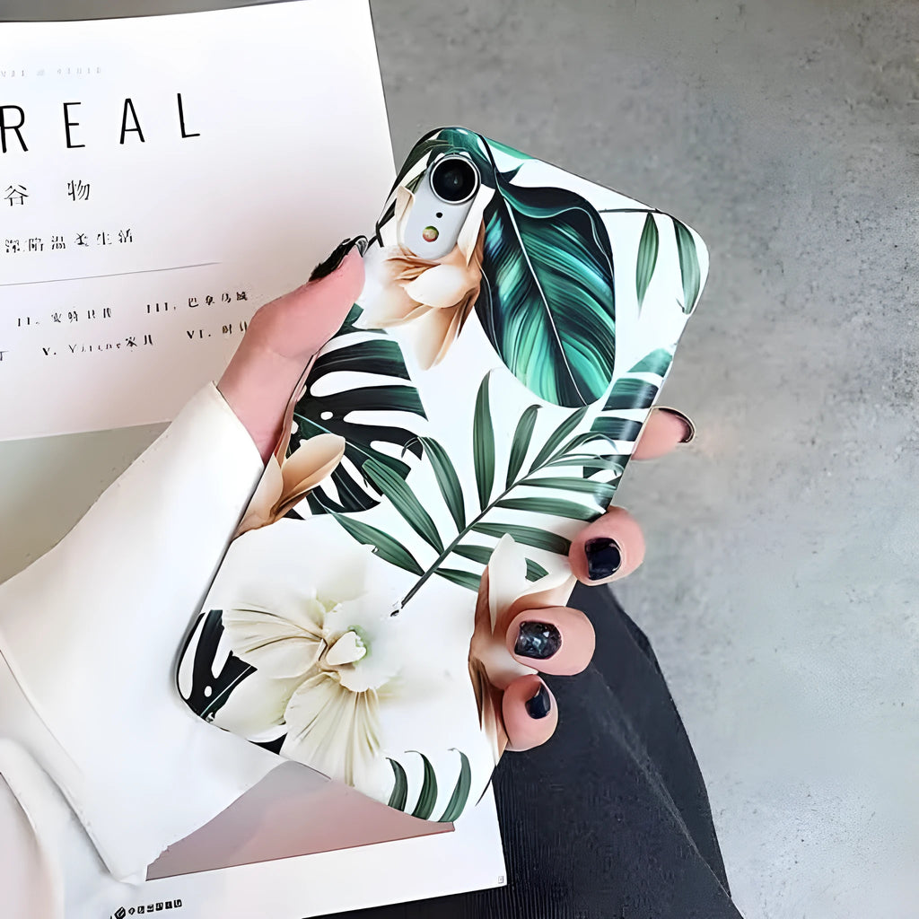 Floral banana leaf art soft TPU phone case for iPhone on white background