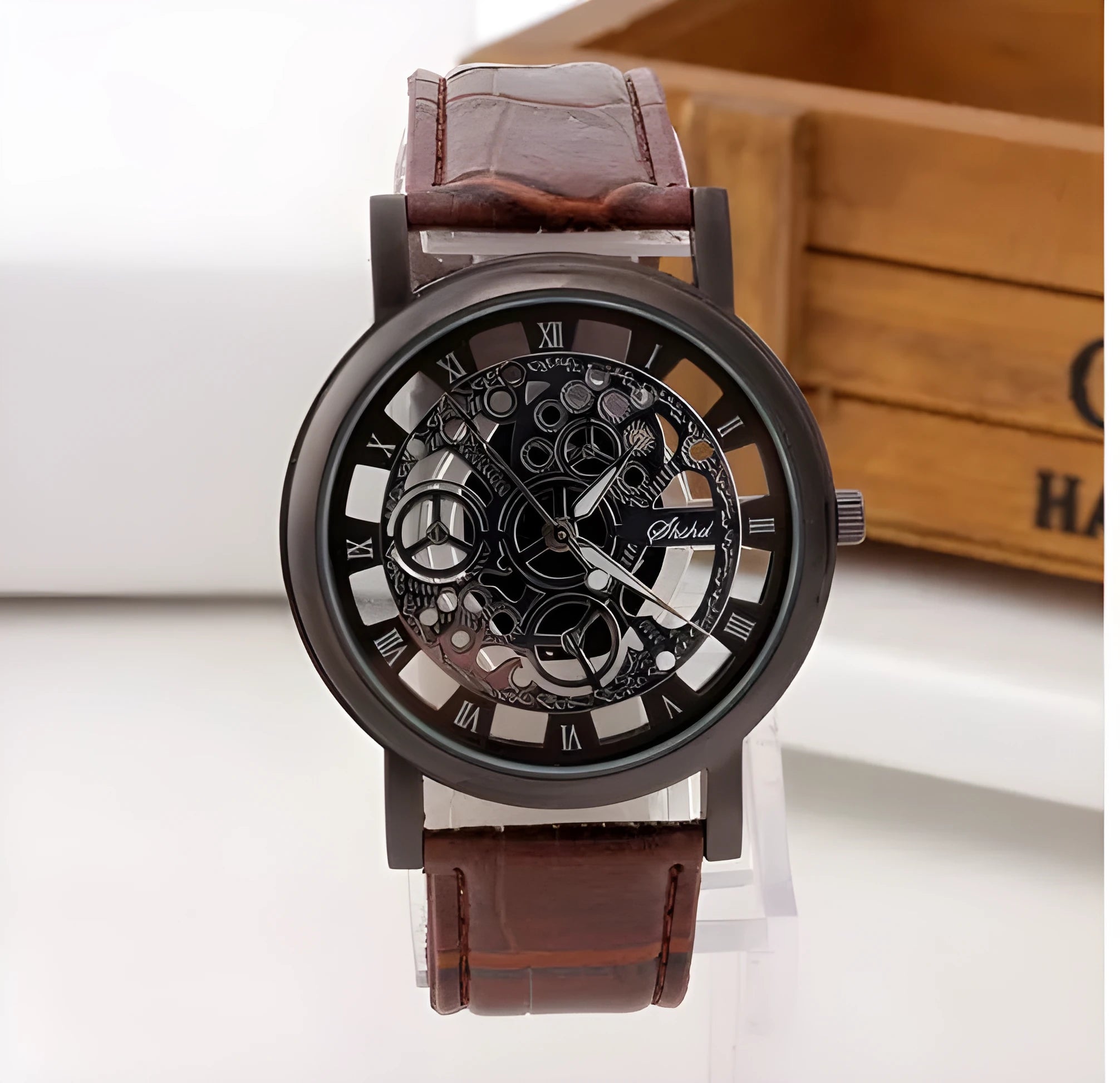 Round 40mm stainless steel fashion hollow belt quartz watch with black leather strap and buckle closure