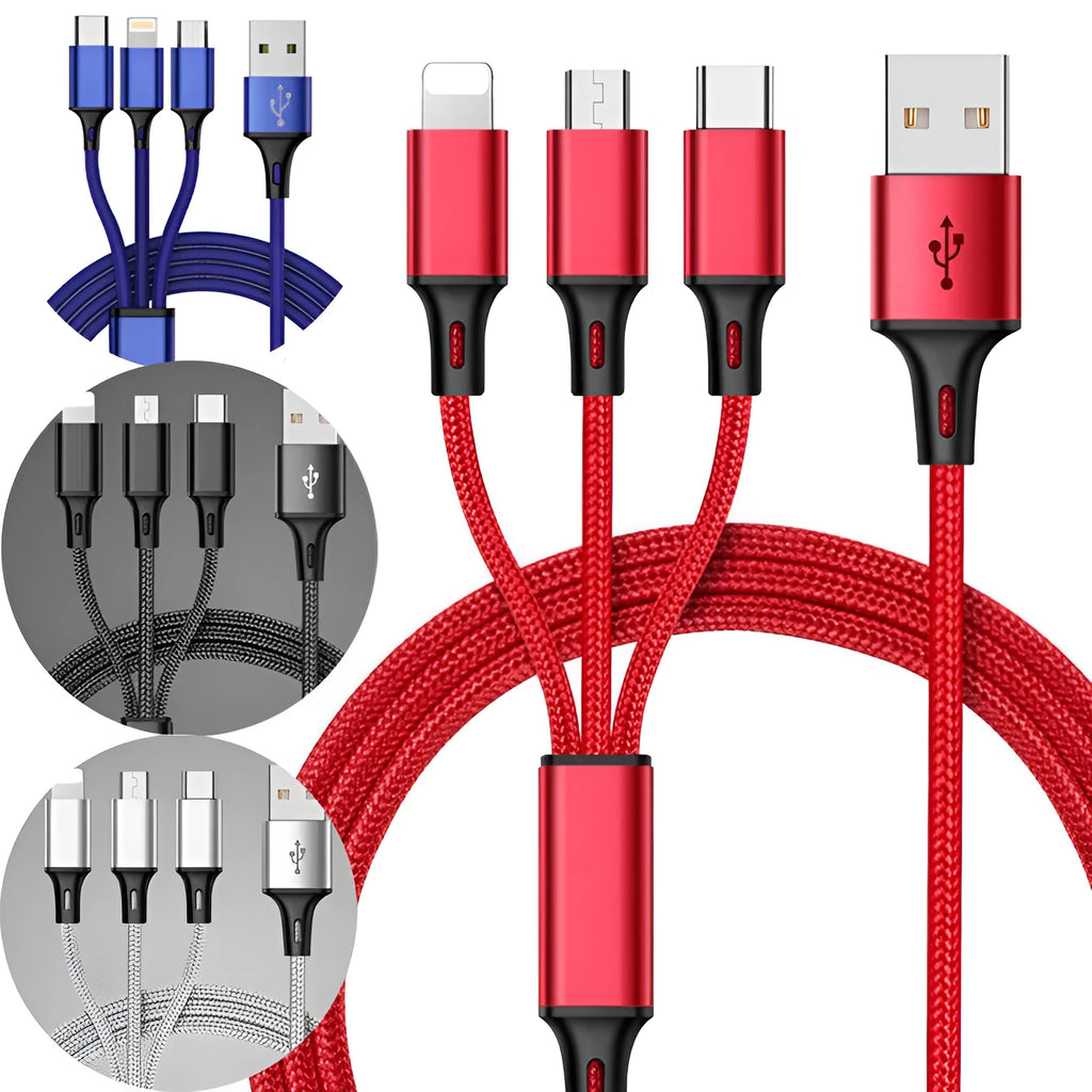 3-in-1 braided charging cable with Lightning, Micro-USB and Type-C connectors in nylon braiding