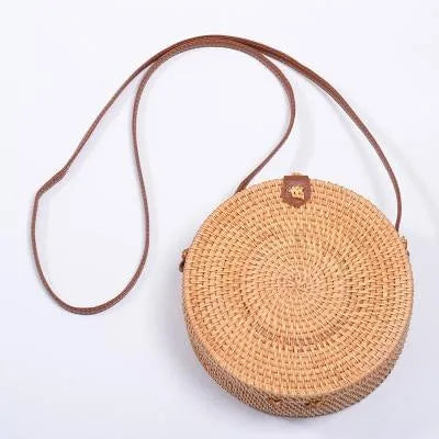 INS CHIC handmade rattan crossbody bag, circular bohemian style, 20cm diameter, with leather strap
