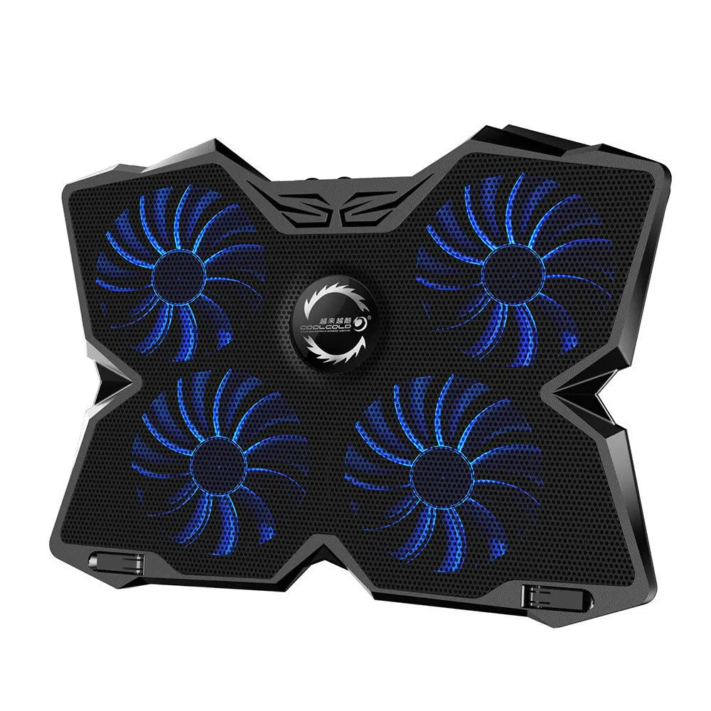 Laptop cooling base with four blue LED fans, speed switches, and USB ports on cooling pad