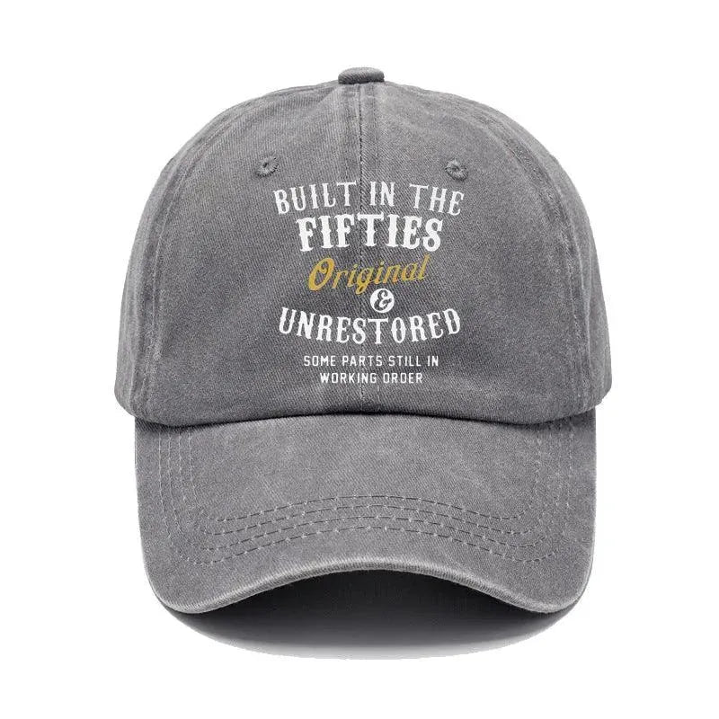 Washed print denim baseball cap with dome crown in retro style, available in multiple colours